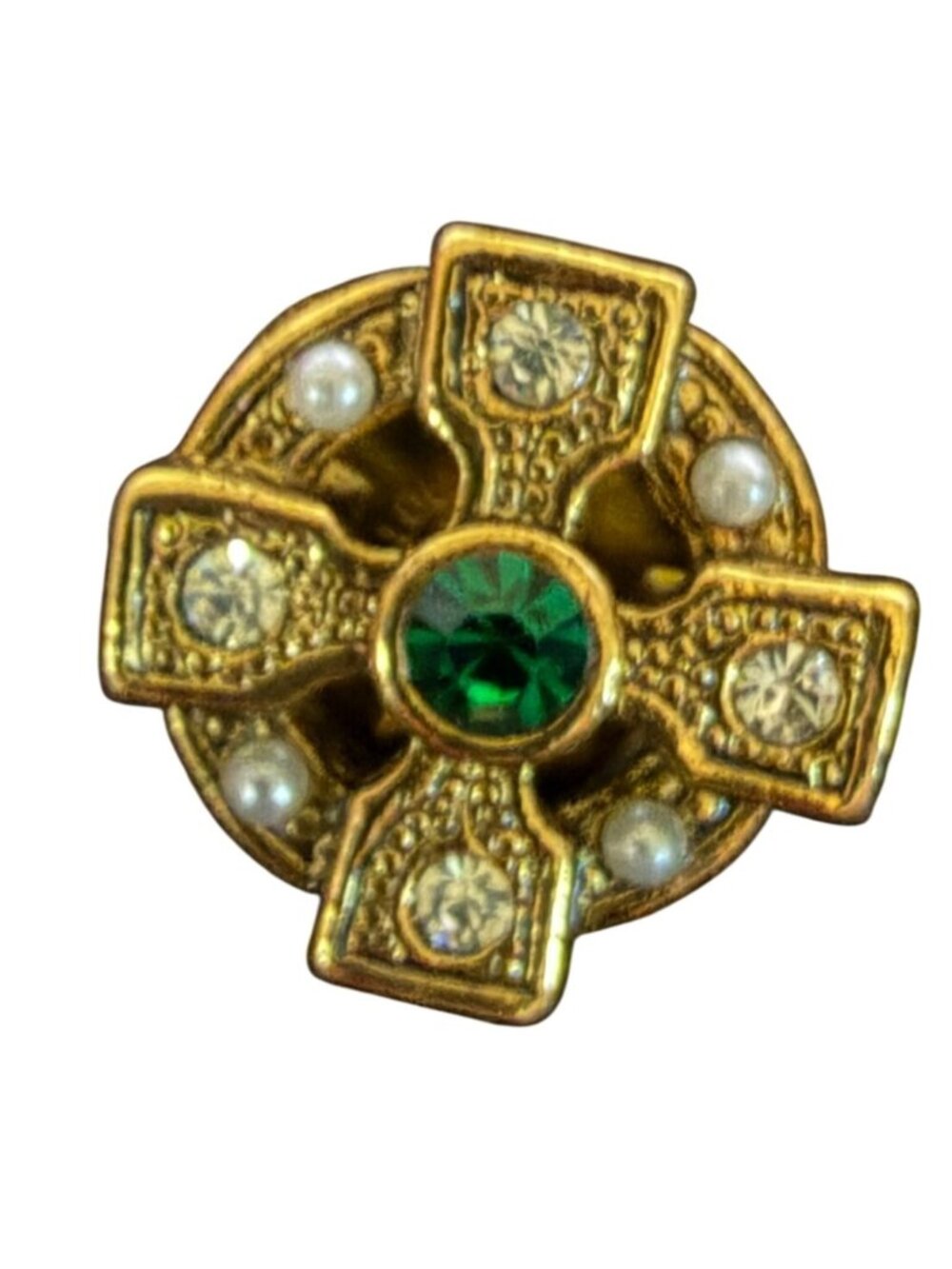 Vintage Gold-Tone Celtic Cross Lapel Pin With Green Gem & Pearl Accents